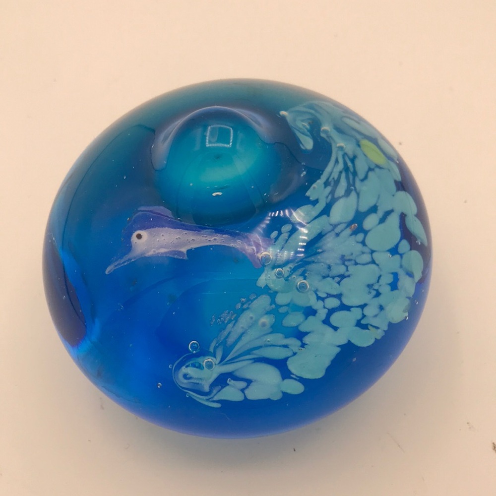 Art Glass Paperweight Dolphin &‎ Waves